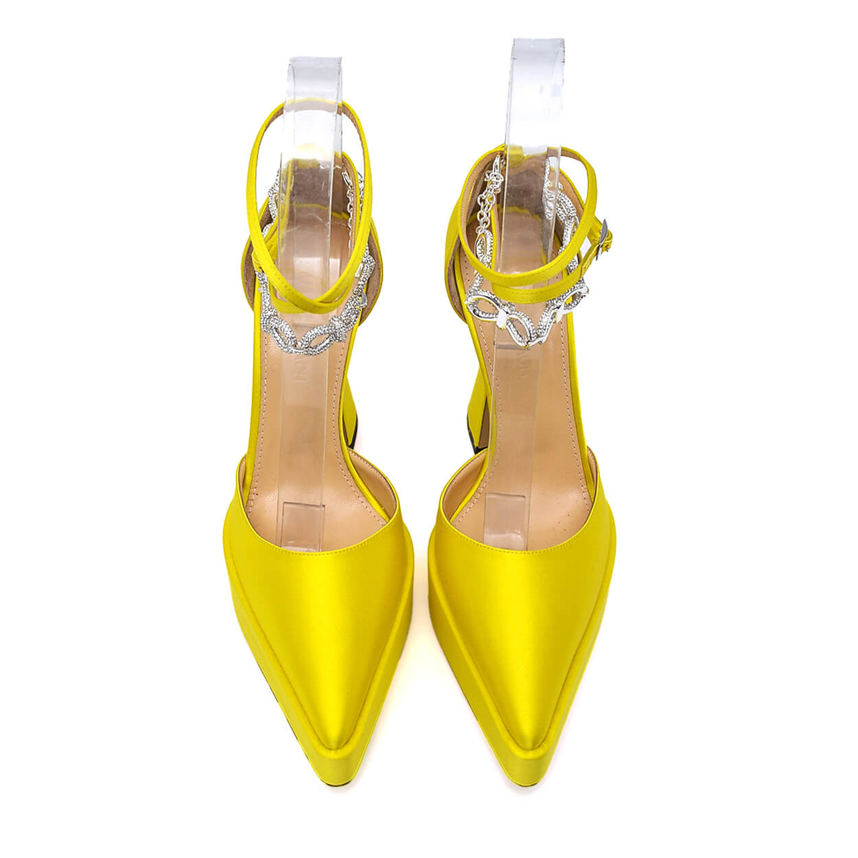 Mach & Mach - Lime Yellow Satin Crystal Embellished Chain Ankle Strap Platform Pumps 38